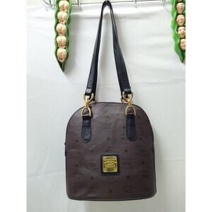 HCL Brown Leather Double Handles Domed Zipper Shoulder Bag - Vintage